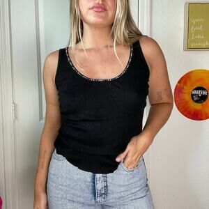 Vintage Y2K 2000s Energie NWT Black Sheer Beaded Tank Sz L